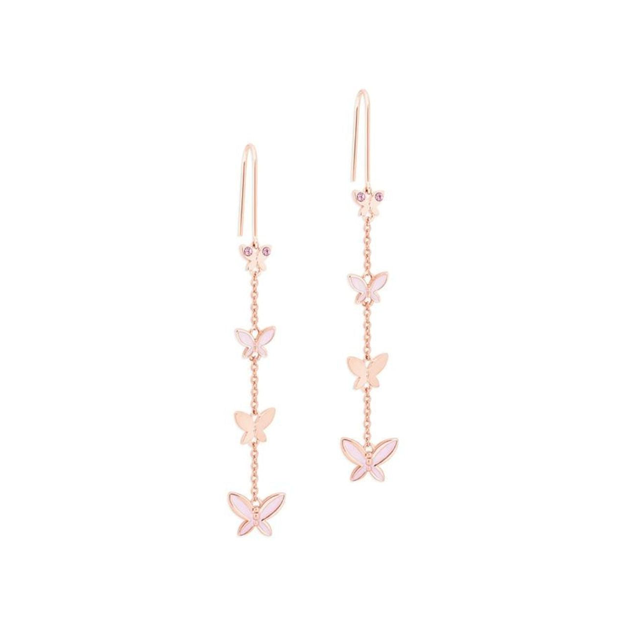 Tipperary Crystal Butterfly Chain Drop Earrings Four butterflies hanging on the cable chain. Crafted in sleek polished rose gold with pearlescent pink enamel infill and light pink sparkly CZs. They hang comfortably on a French hook.