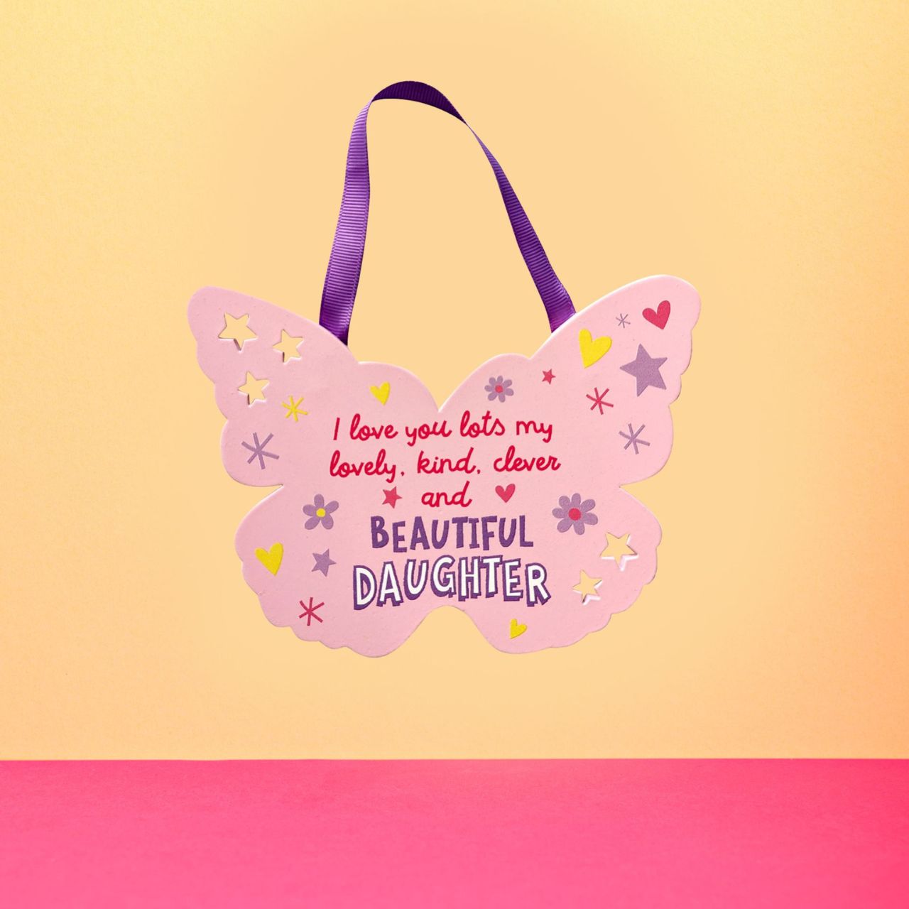 Butterfly Hanging Plaque - Daughter Want to cheer someone up? Then why not gift the ‘Beautiful Daughter’ in your life this bright, uplifting and CHEERFUL butterfly plaque. Dims: 180 h 160 w 5 d mm