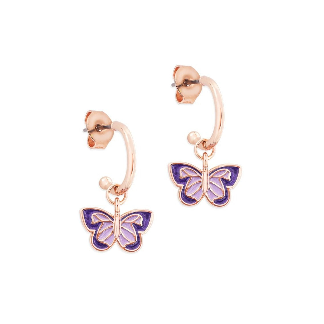 Tipperary Crystal Butterfly Loop Bar Earrings Crafted in sleek polished rose gold with pearlescent dark purple & lilac enamel infill. These earrings secure comfortably with push backs.