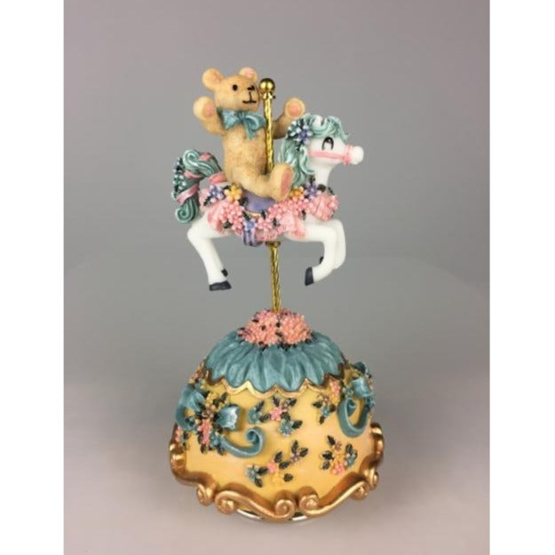 Teddy Bear on Carousel Horse Blue by Music Box World