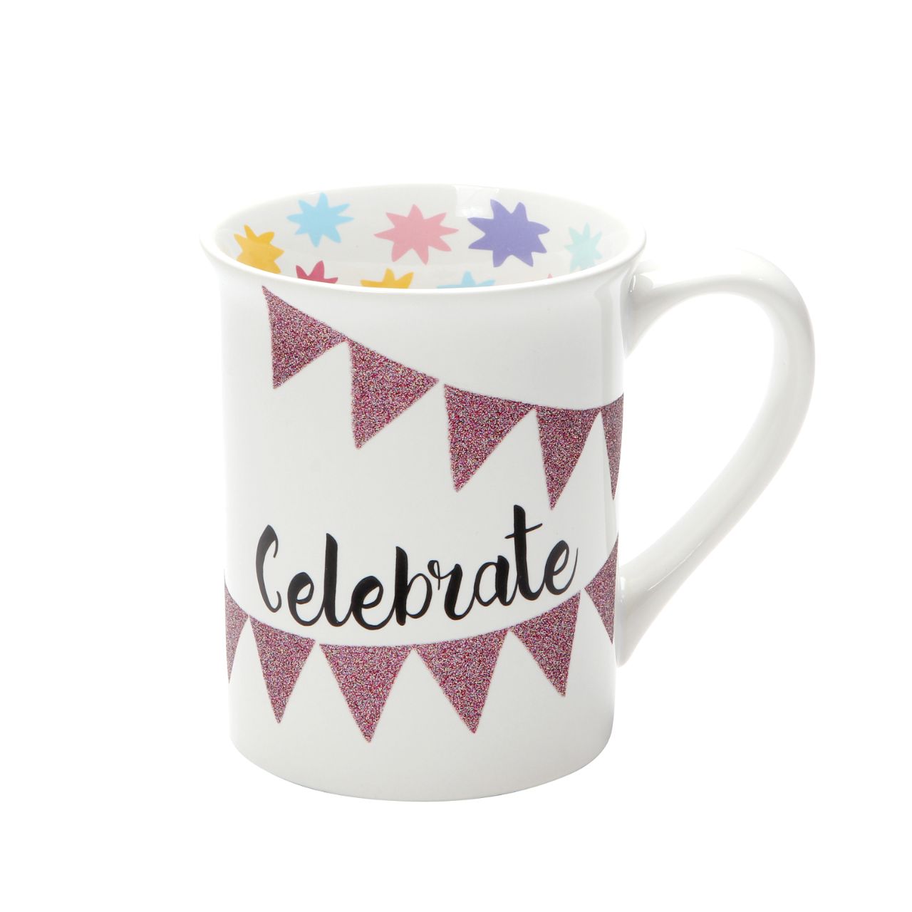 MUD Celebrate Glitter Mug Every good celebration needs a little sparkle. Whether it's a birthday, a baby shower, a wedding, or just a really good Thursday, add some glitter with our Celebrate mug to liven up anything worth celebrating. Party on and sparkle on. Messaging reads: "Celebrate," "Glitter is my favourite colour."