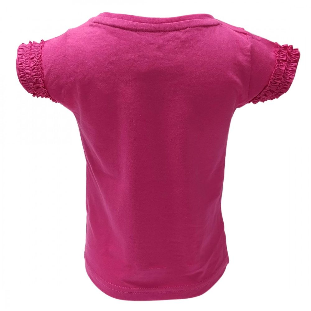 Cerise Pink Ireland Sheep Kids T-Shirt This cerise pink kids cotton T-shirt is a part of the Traditional Craft Official Collection. It is a fitted style with cute frilly sleeves. It features a print of beautiful Irish scenery and puff print sheep.