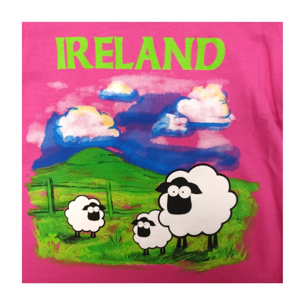 Cerise Pink Ireland Sheep Kids T-Shirt This cerise pink kids cotton T-shirt is a part of the Traditional Craft Official Collection. It is a fitted style with cute frilly sleeves. It features a print of beautiful Irish scenery and puff print sheep.