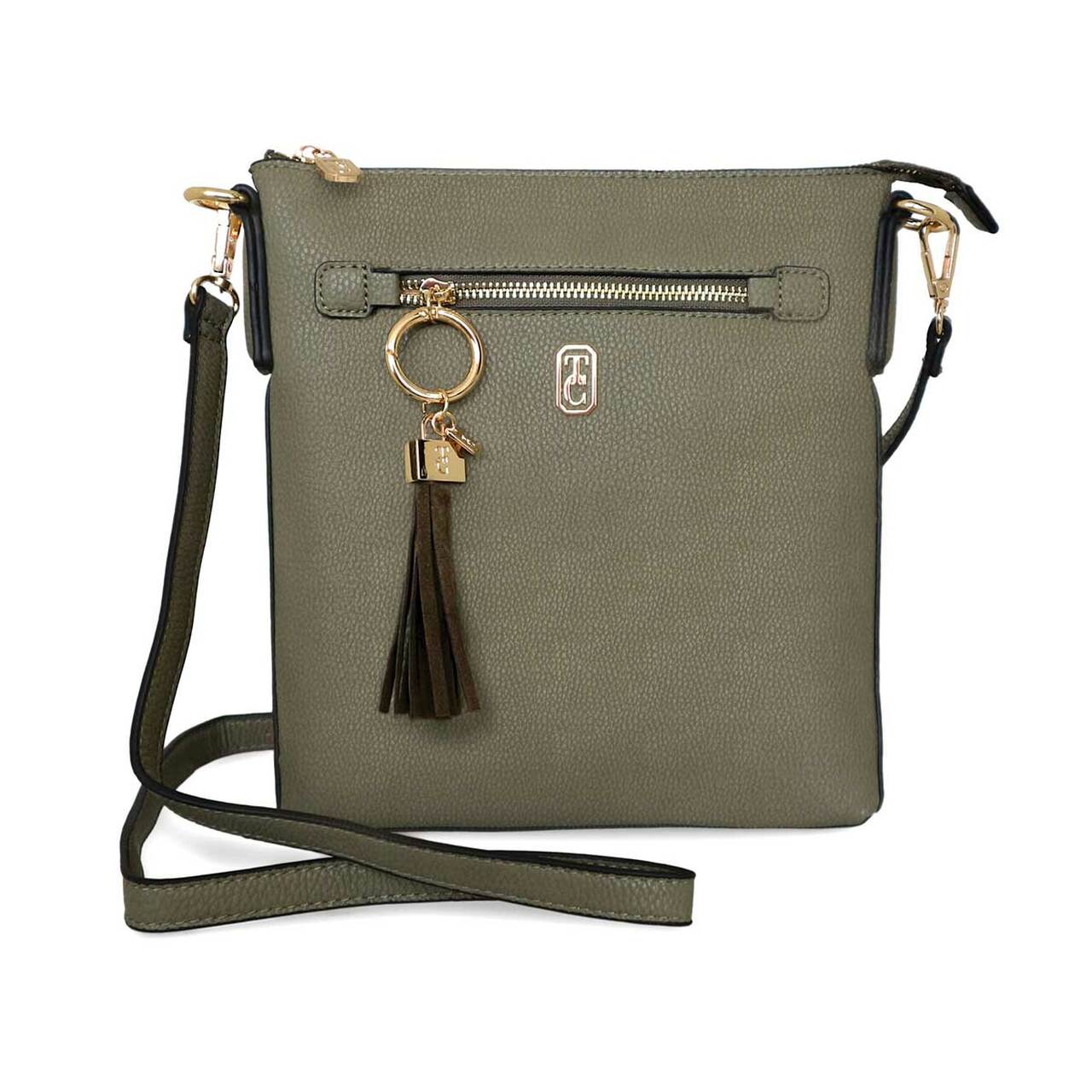 The Chelsea Cross Body Pouch Olive by Tipperary Crystal The Chelsea Cross Body Pouch Olive - Yellow gold hardware The versatile and trendy Chelsea can be worn as a cross body and also over the shoulder. The Chelsea has an adjustable strap and easily accessible outside pocket and secure front zip pocket. Metal hardware detail finish off this stylish bag in rose gold or yellow gold.
