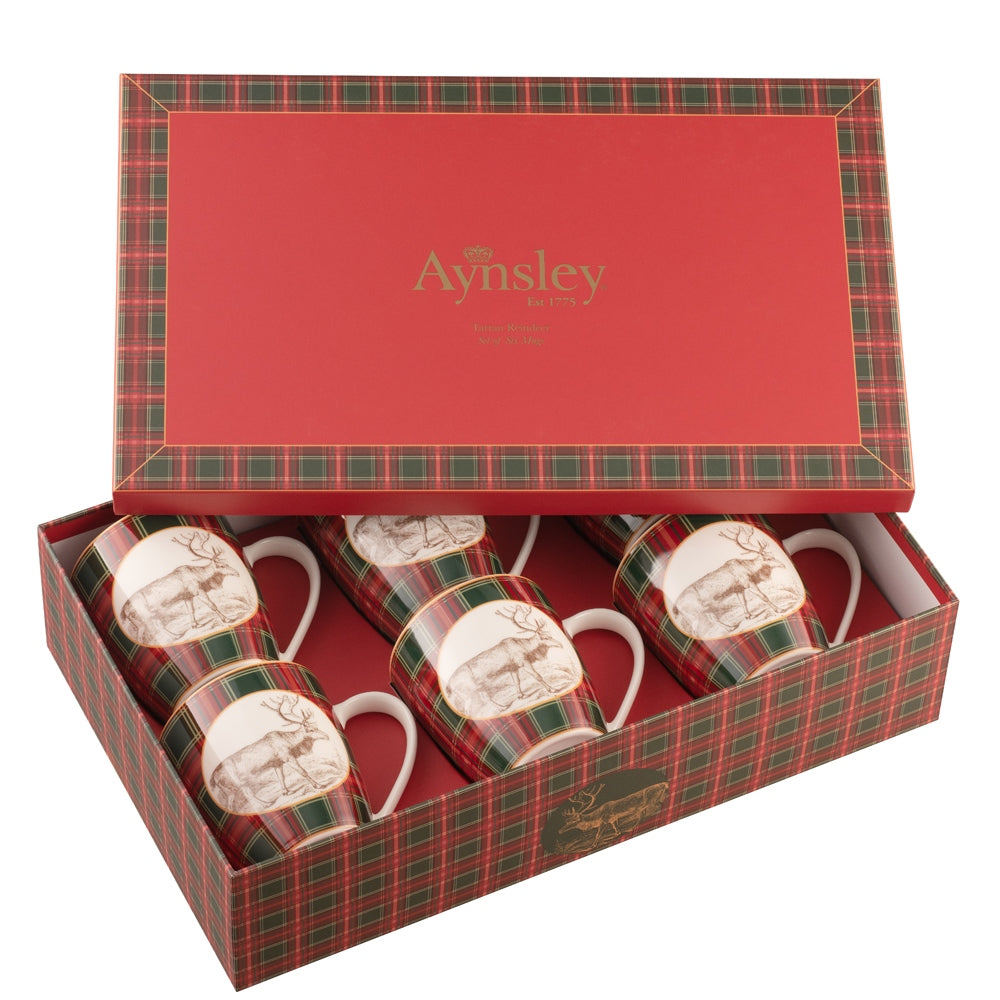 Christmas Tartan Reindeer Set of 6 Mugs Stunning green and red tartans bring to mind traditional Christmas memories and nostalgia. Festive tartan combined with charming illustrations of a friendly Christmas reindeer make for a cosy holiday tableware perfect for entertaining over the festive season.