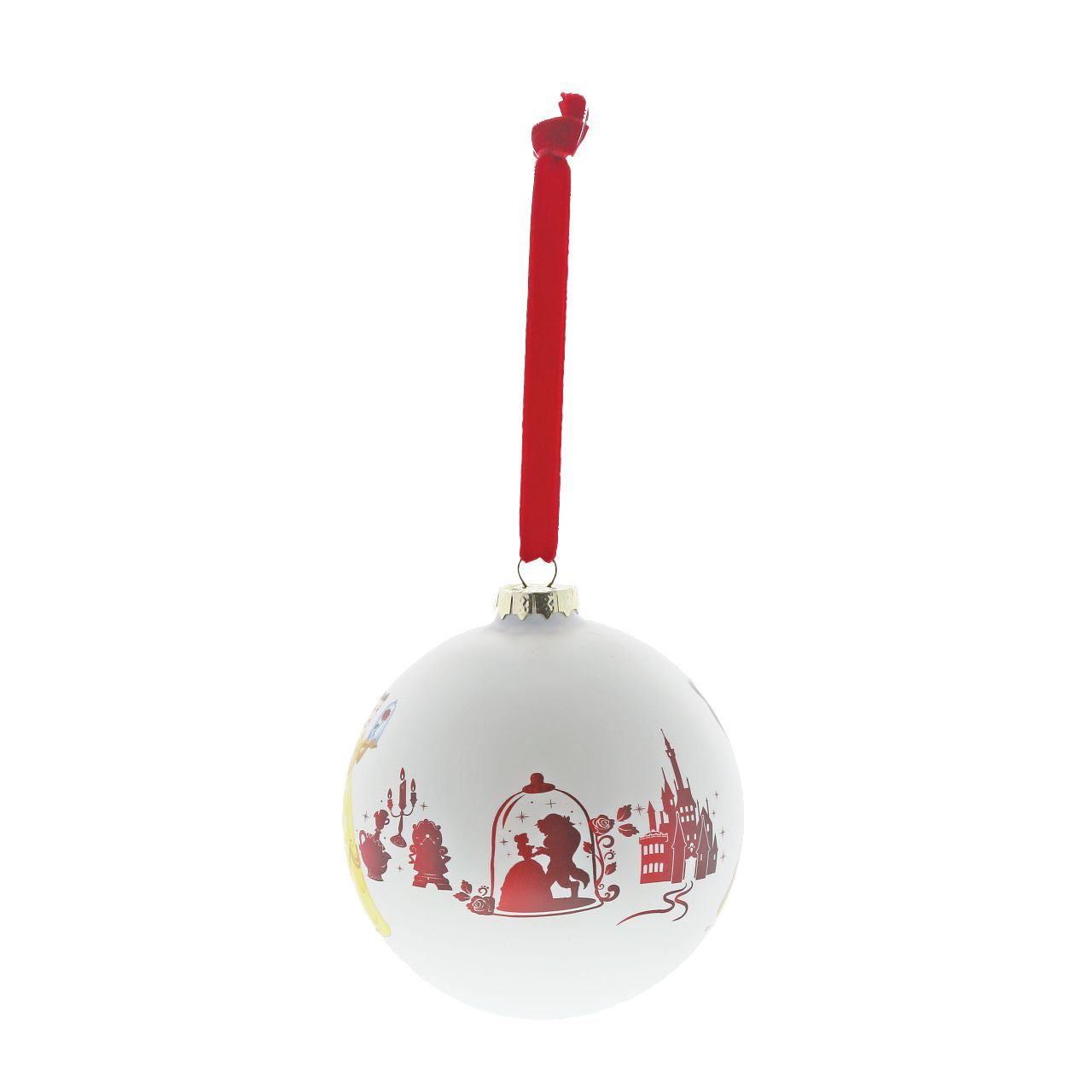 Disney Christmas Bauble Beauty and the Beast Be Our Guest Belle stands out in her yellow dress against the red iconic Beauty and the Beast silhouettes in this beautiful glass bauble. This treasured keepsake would make a lovely unique gift for a friend, or a self-purchase to brighten up the home.