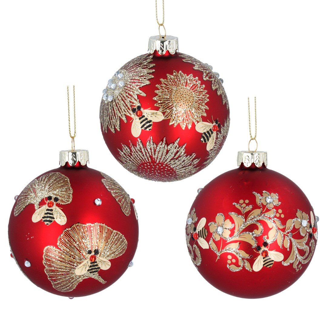 Christmas Tree Bee Baubles - Matt Red Glass Ball