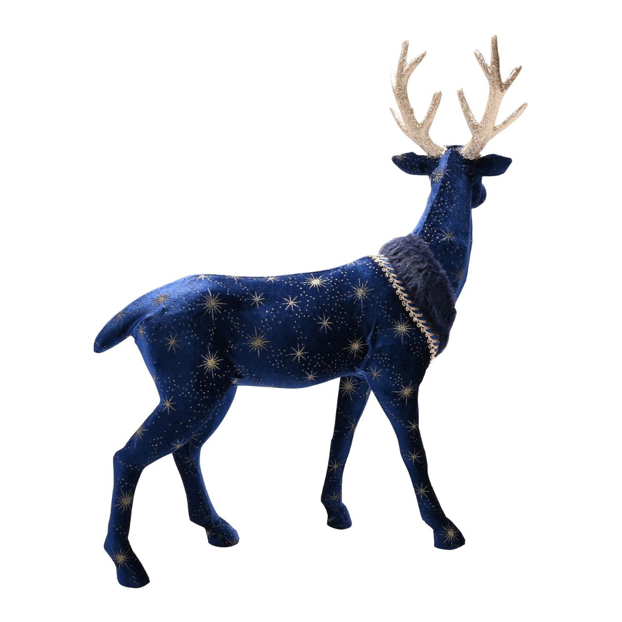 Christmas Celestial Blue and Gold Reindeer Large A large celestial blue and gold reindeer. This standout decoration will help to create a magical Winter Wonderland at home this festive period.