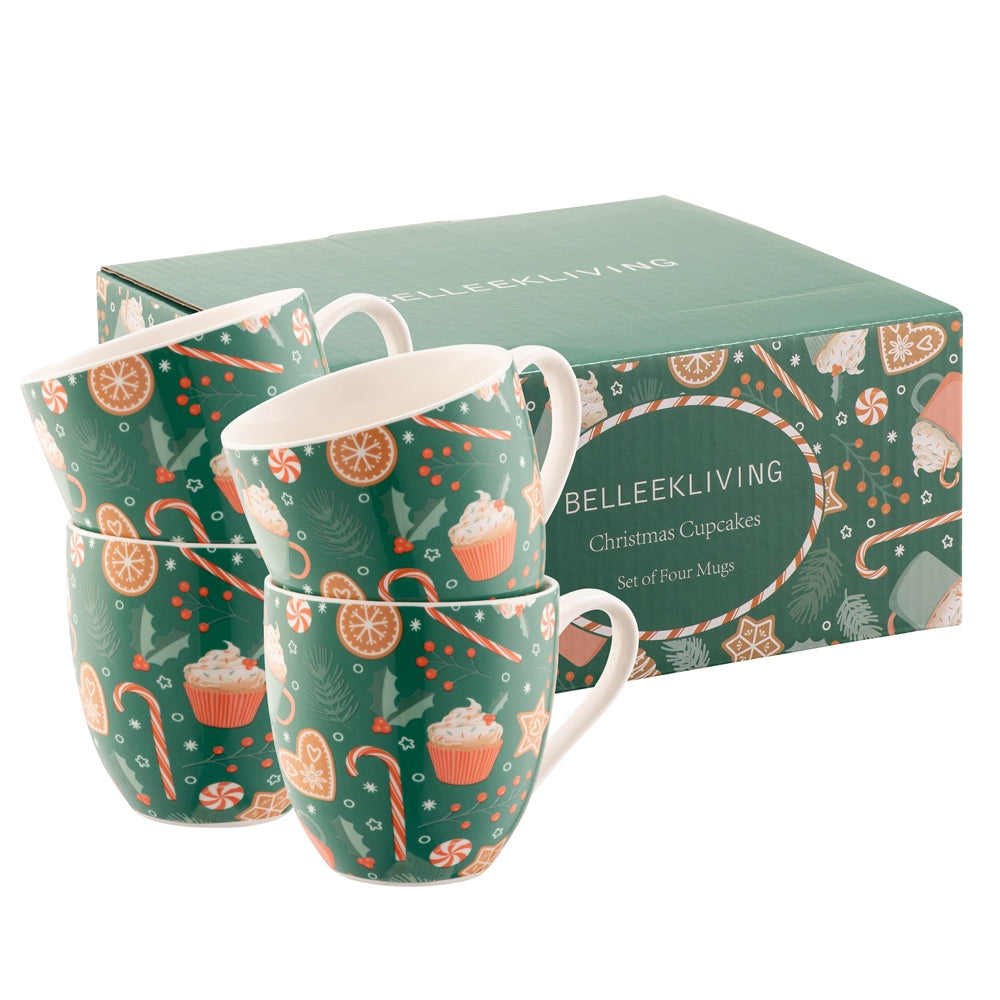Christmas Cupcakes 4 Piece Mug Set by Belleek Living This playful pattern has been inspired by Christmas time sweet treats. Featuring illustrations of cookies, cupcakes, hot chocolates and more in a vintage inspired colour palette, these mugs are sure to bring a smile to your face.
