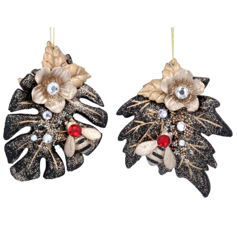 Christmas Decoration Black and Gold Leaf with Bee - Beech Leaf