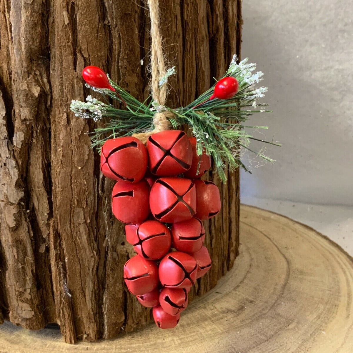 Gisela Graham Matt Red Tin Jingle Bell Cluster Christmas Hanging Ornaments