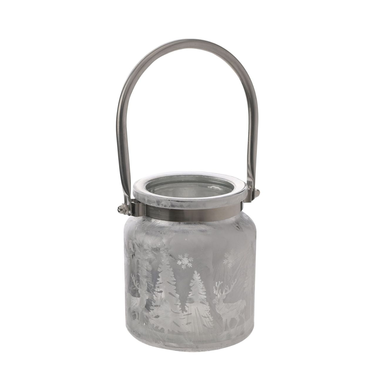 Christmas Frosted Reindeer Forest Scene Lantern with Handle A frosted reindeer forest scene lantern with handle. This enchanting lantern glistens with festive charm throughout the Christmas period.