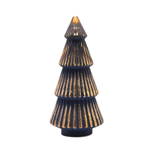 Medium Navy Crackle Glass LED Christmas Tree  A medium navy crackle effect LED Christmas tree.  This vibrant light up ornament makes a delightful addition to homes during the festive period.