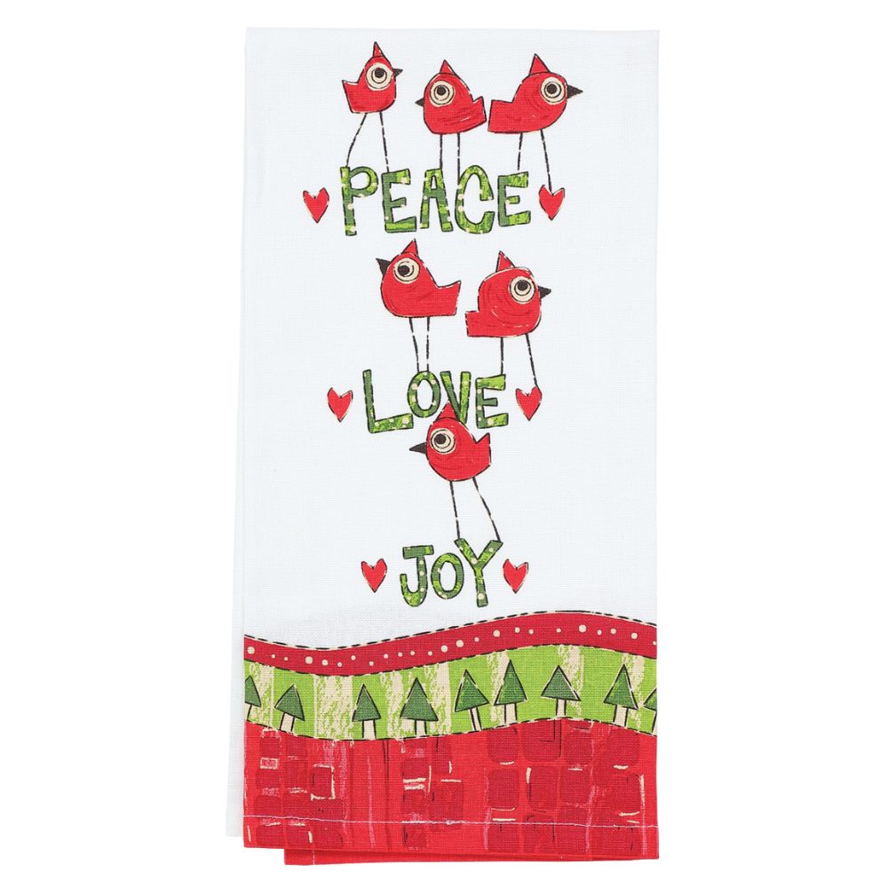 Red Birds Tea Towel Painted Peace. Designed by Stephanie Burgess, each colourful piece in the collection has been designed to create feelings of peace and love in your home.