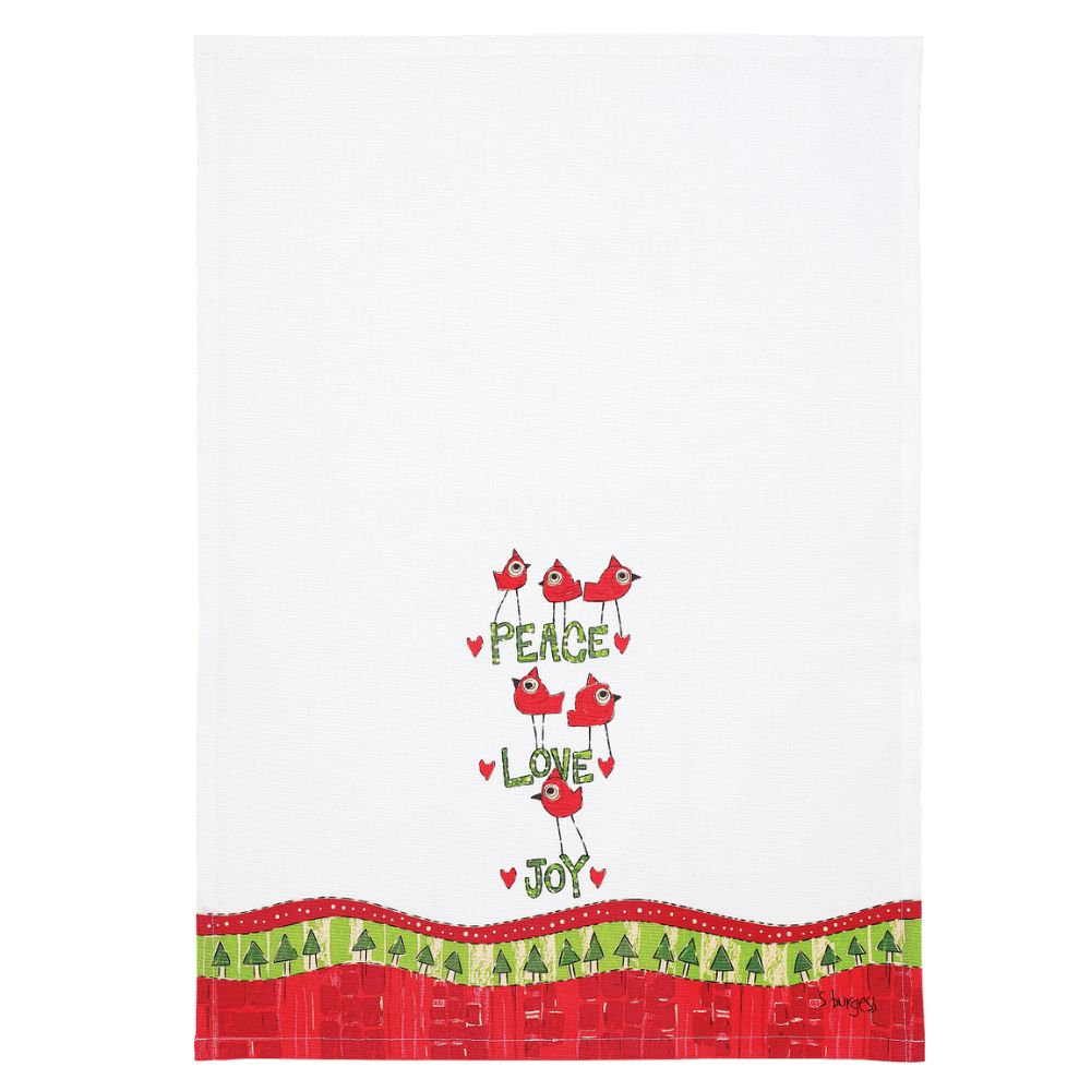 Red Birds Tea Towel Painted Peace. Designed by Stephanie Burgess, each colourful piece in the collection has been designed to create feelings of peace and love in your home.