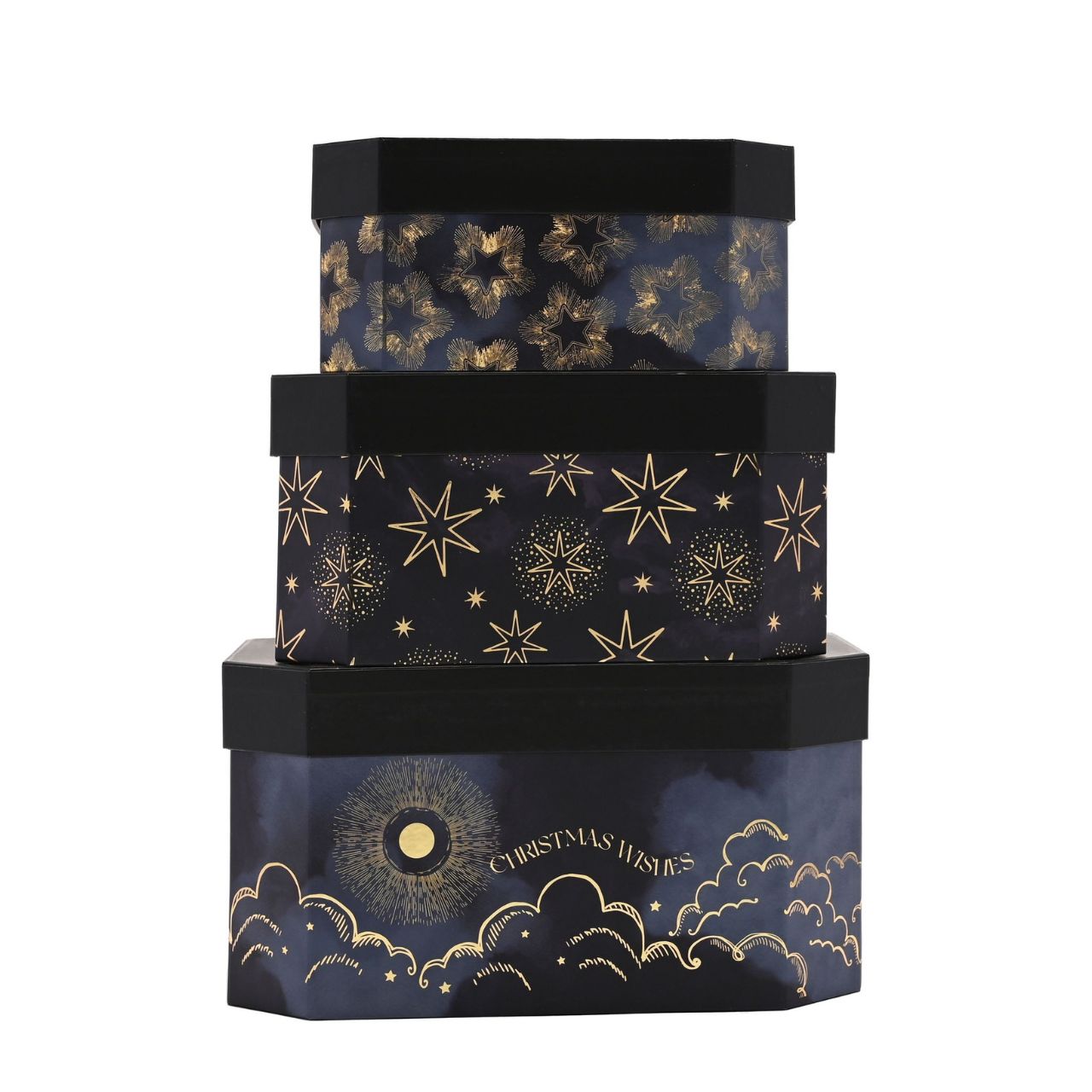 Set of 3 Christmas Celestial Stacking Boxes A set of 3 celestial stacking boxes. This collection of nested gift boxes gives your presents the presence they deserve.