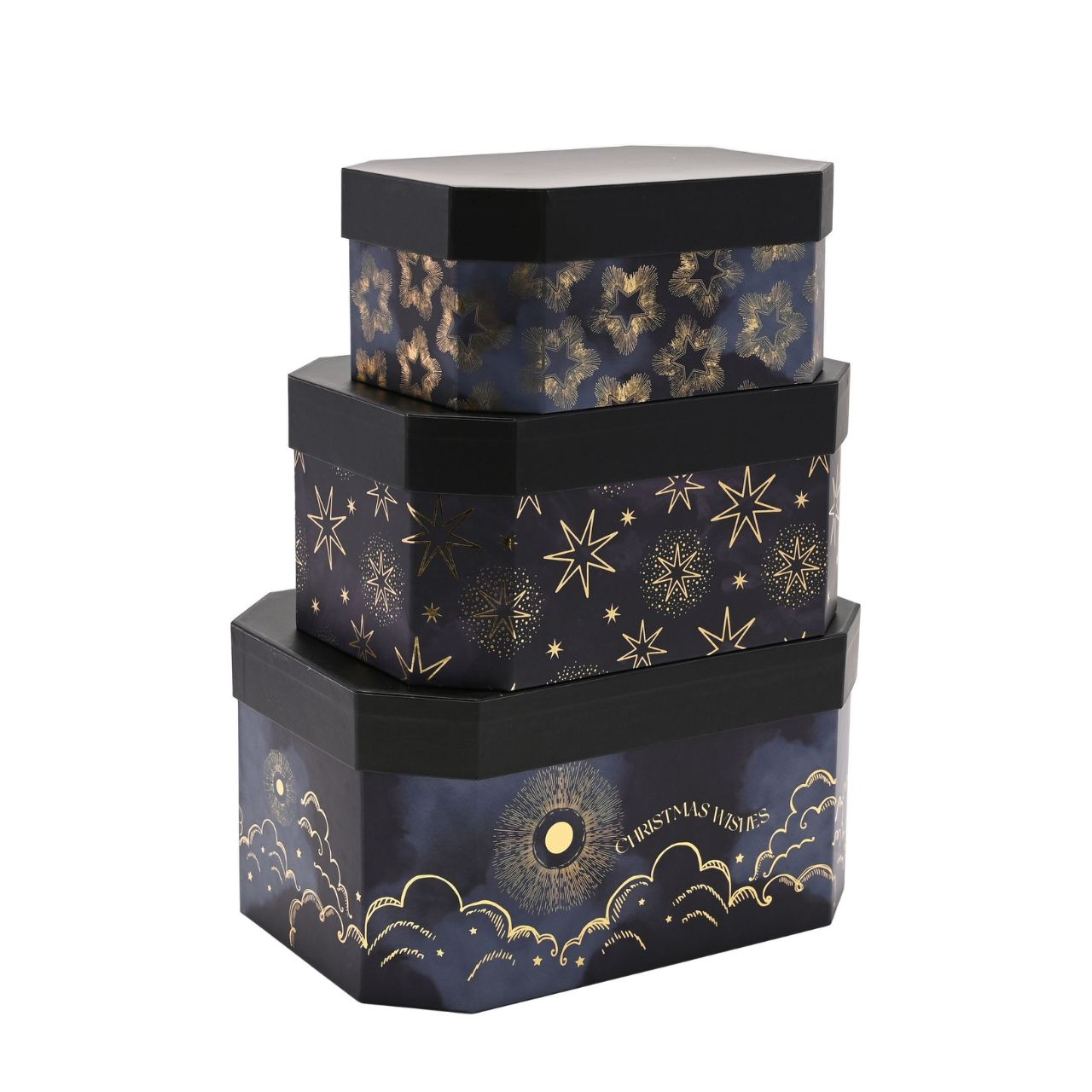 Set of 3 Christmas Celestial Stacking Boxes A set of 3 celestial stacking boxes. This collection of nested gift boxes gives your presents the presence they deserve.