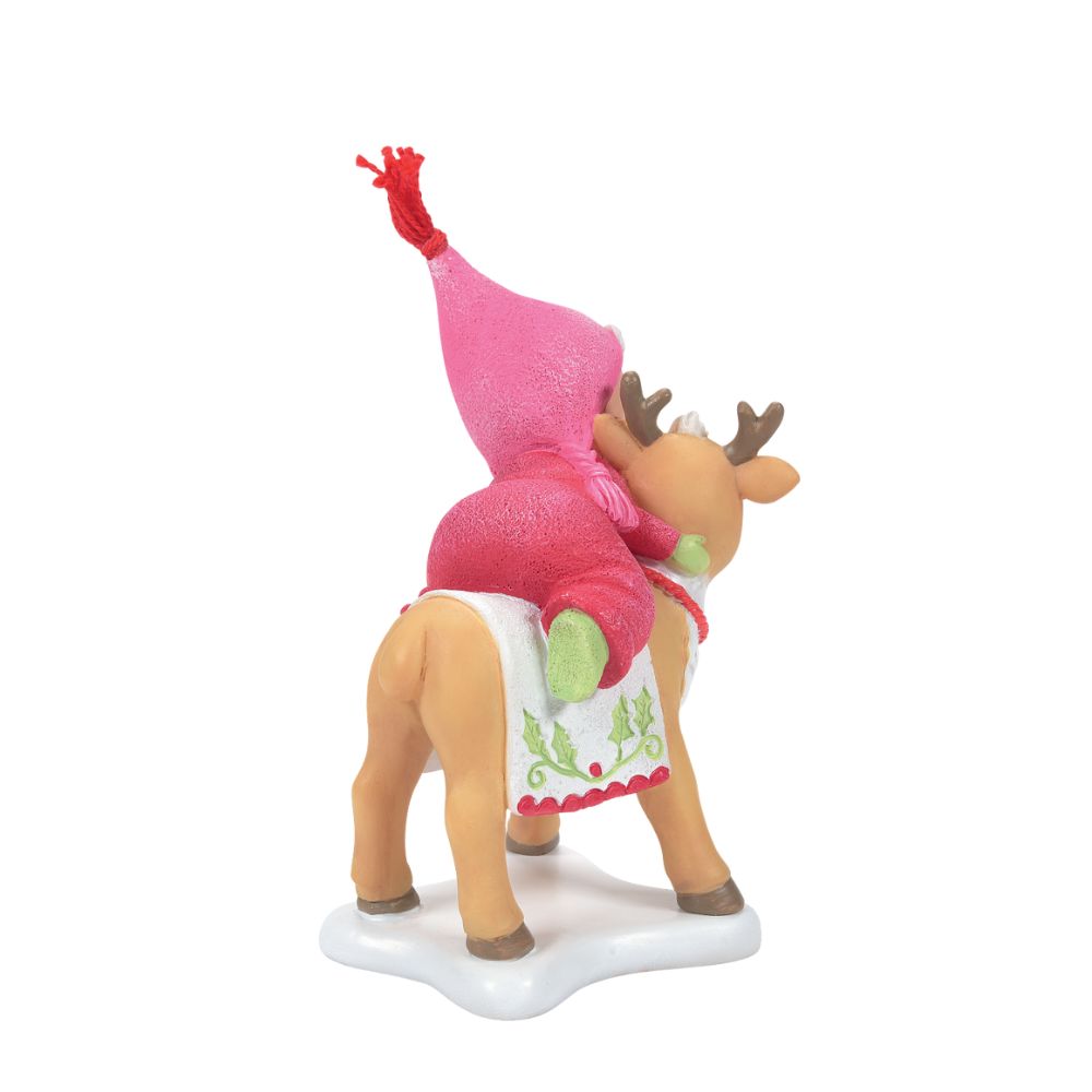 Department 56 Snowpinions Christmas Snow Gnome on Deer This cute Snow Gnome is hanging out with his Reindeer friend. Hand crafted from high quality cast stone, they have been hand painted by our in-house artists to ensure a high level of detail. This Snow Gnome even has a real tassel atop his pink hat. This is the perfect festive gift or accessory.