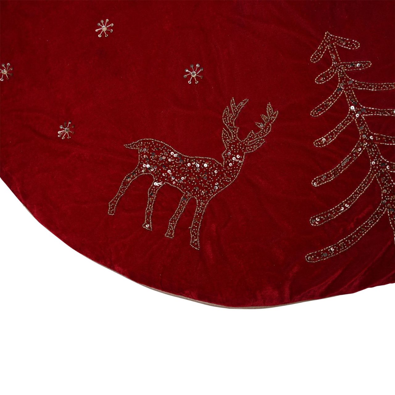 Hand Embellished Luxury Red Christmas Tree Skirt A hand embellished luxury red tree skirt. This standout accessory wraps itself around Christmas trees to accentuate its decoration.