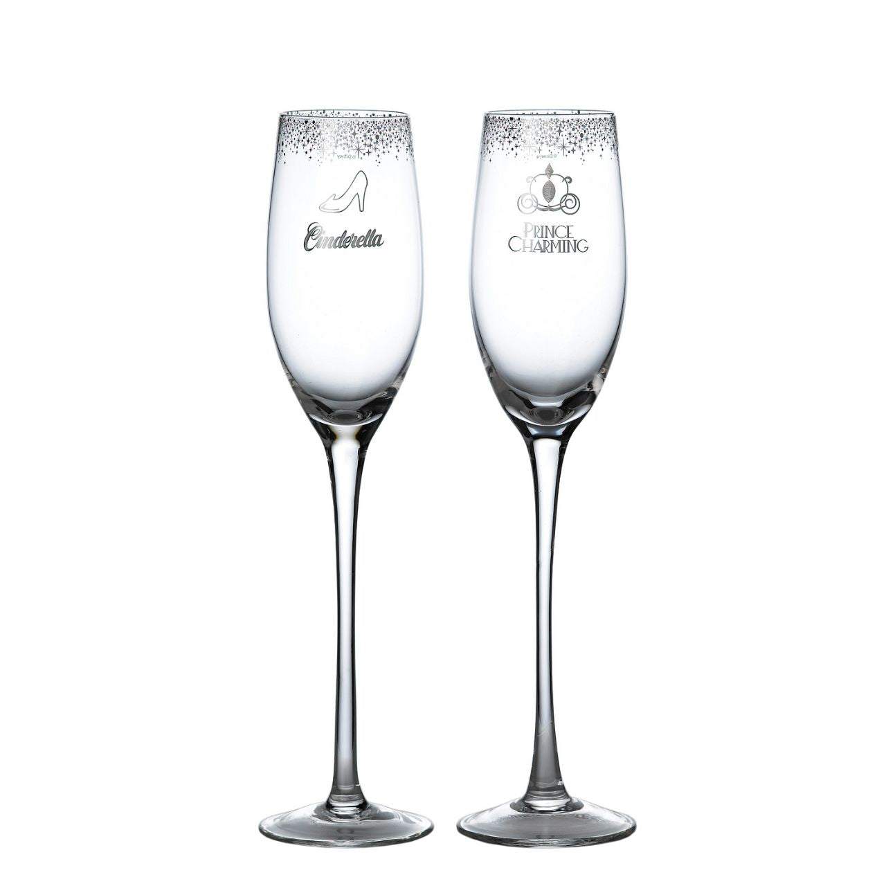 Disney Cinderella Wedding Toasting Glasses Raise a toast in Disney style with our Cinderella and Prince Charming glasses. The set of two glasses are the perfect gift and keepsake for the happy couple to use for their fairy tale wedding.