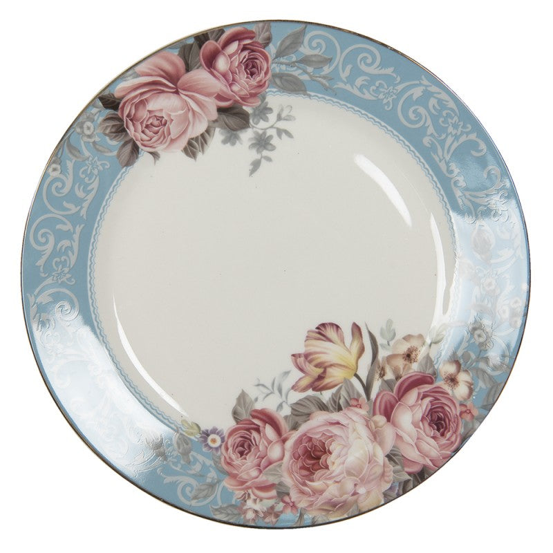 Clayre & Eef Classic Blue Porcelain Diner Plate 26 cm Red Flowers  Tableware Diner Plate Ø 26*2 cm  Blue, White Porcelain Flowers