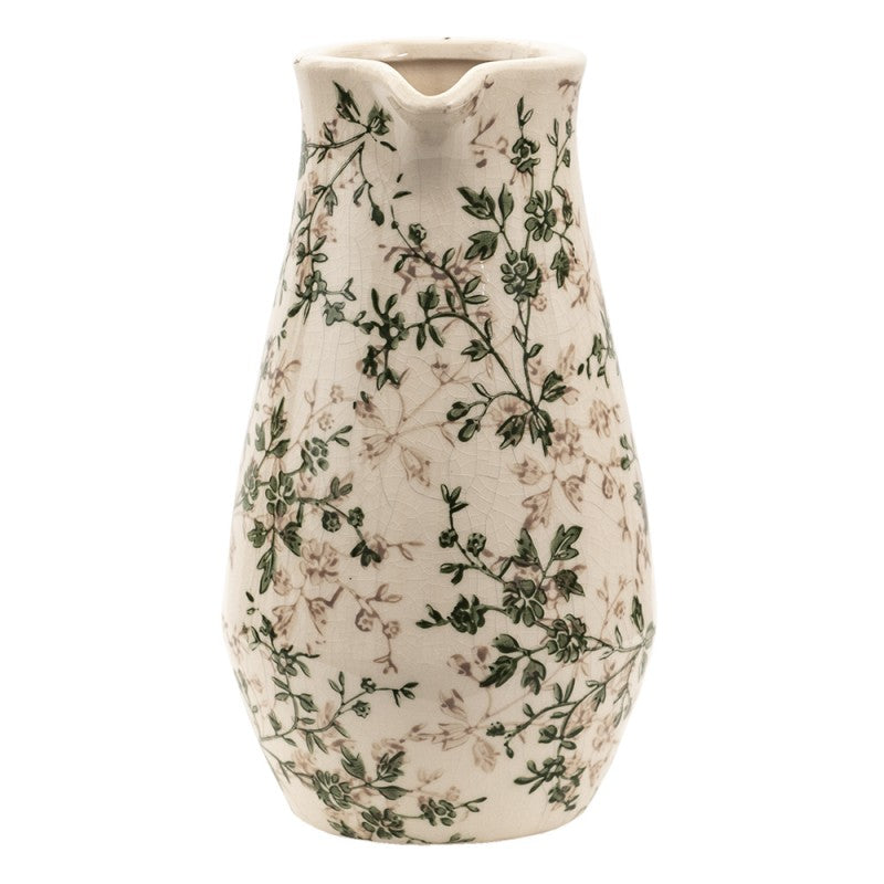 Clayre & Eef Country Style Decorative Green Beige Leaves Ceramic Pitcher Decorative Pitcher 20*14*25 cm Green, Brown, Beige Ceramic Leaves