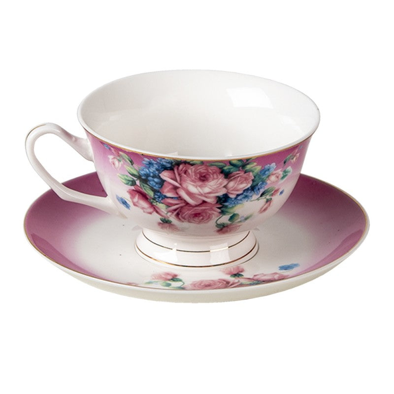 Clayre & Eef Romantic Purple Flowers Cup and Saucer Cup and Saucer 200 ml Violet Porcelain Flowers Round Tableware Set Coffee