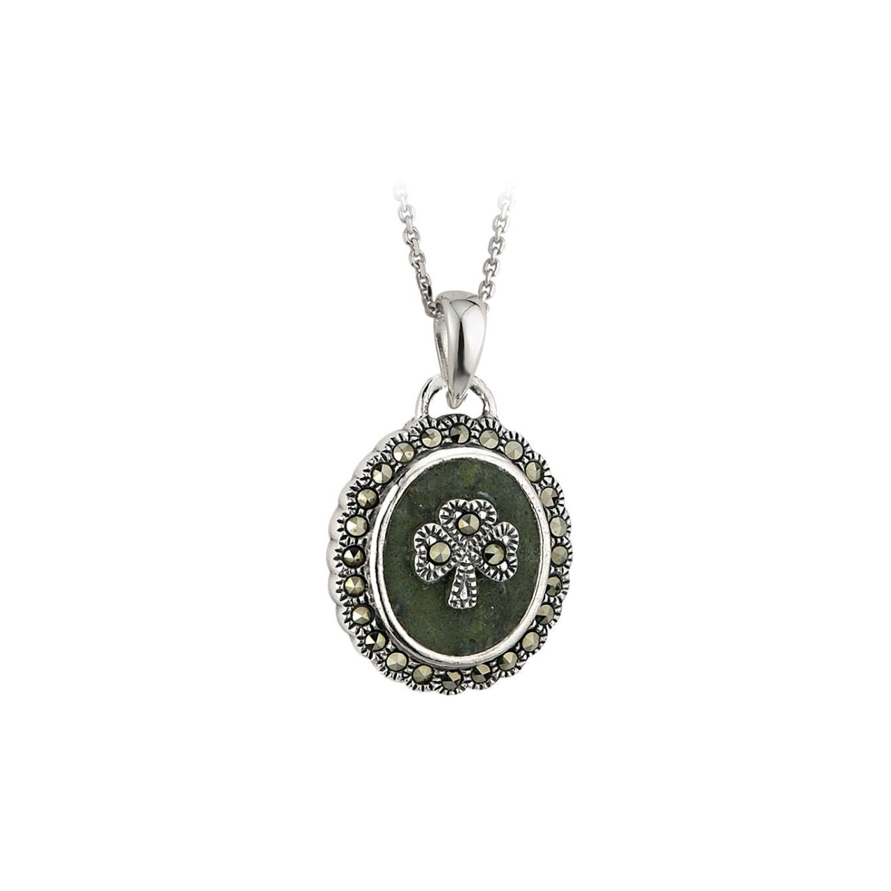 Connemara Marble Marcasite Shamrock Pendant  This beautiful sterling silver pendant is made from Connemara marble, a unique stone that dates back over 900 million years and is known as “Ireland’s gemstone”. All of our Connemara marble is truly authentic, coming from the Joyce family mine in Connemara, County Galway.