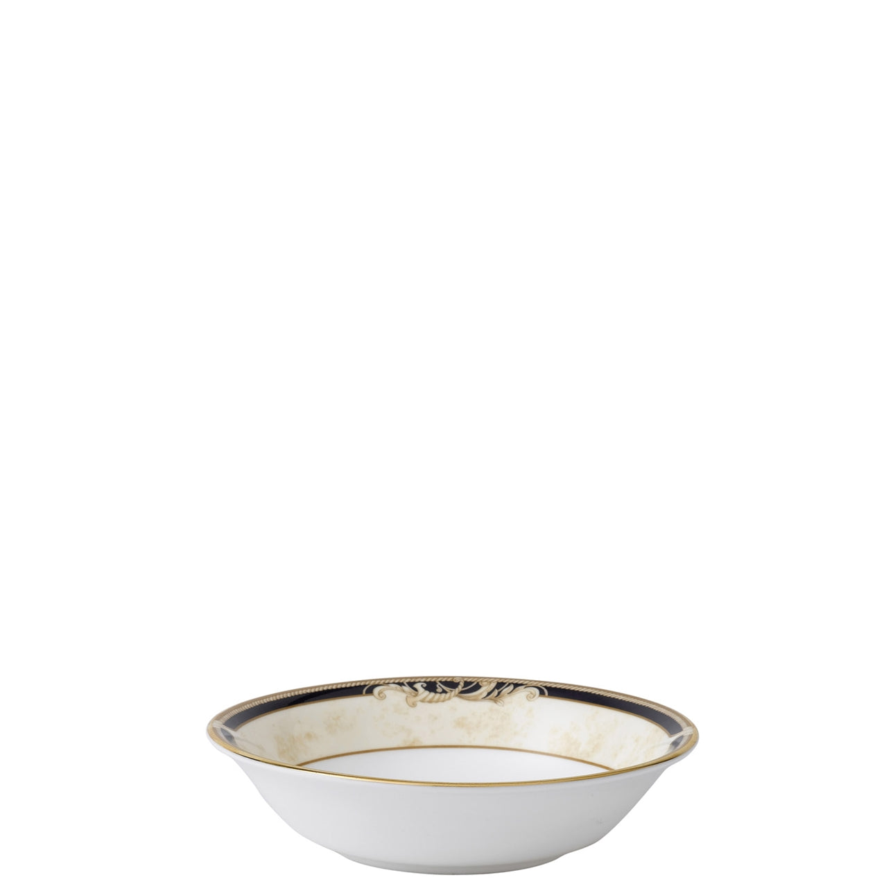Wedgwood Cornucopia Cereal Bowl 16cm Wedgwood Cornucopia is inspired by the mythical 'Horn of Plenty,' and is characterized by designs featuring legendary creatures like unicorns and satyrs. The collection is made from fine bone china whiteware and decorated with wide band of ivory parchment, ribboned by dark navy, roped with an ochre accent and rimmed in lustrous 22-carat gold.