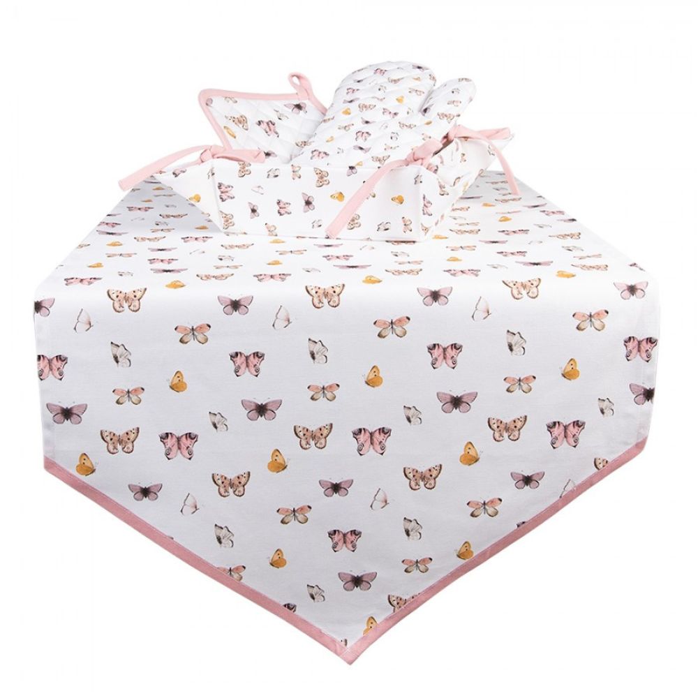 Clayre & Eef Beige Pink Cotton Table Runner Butterflies 150 x 150 cm When we think of the Summer, we think of colourful butterflies. This cute and very extensive collection features a pattern with a range of different and cheerful butterflies. The pink contrast colour completes the entire image.