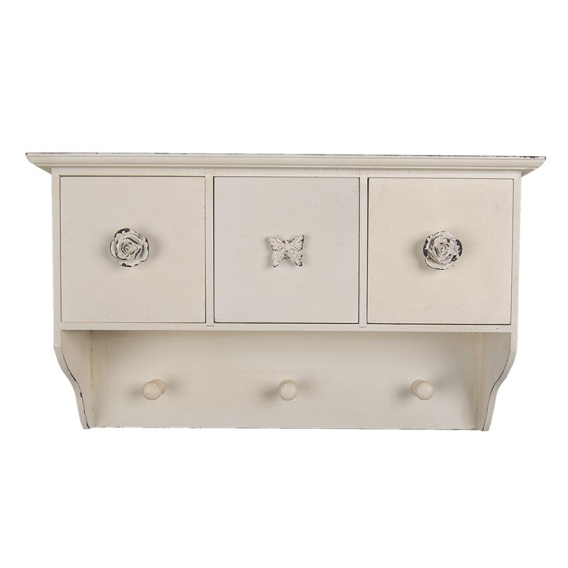 Clayre & Eef Country Style Cream Decorative Wall Coat Rack Wall Coat Rack 3 Hooks 41*12*24 cm White Butterfly With Flowers Rectangle Decorative Coat Rack