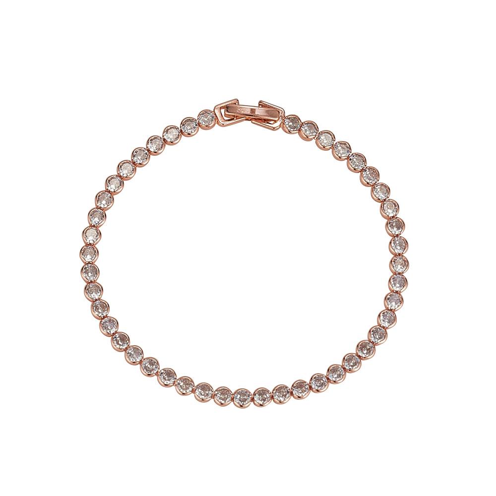 Knight & Day Dakota Rose Gold Tennis Bracelet Miniature rose gold plated tennis bracelet. Ideal for layering with watch or other bracelets. Fold over clip fastening.