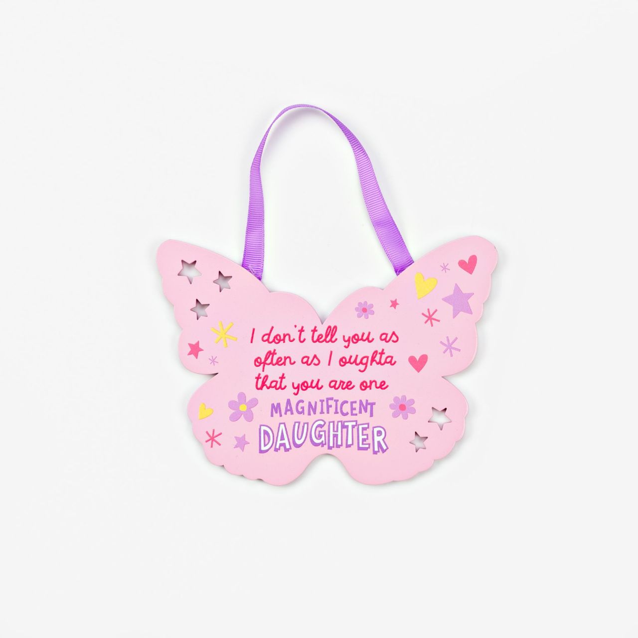 Butterfly Hanging Plaque - Daughter Want to cheer someone up? Then why not gift the ‘Beautiful Daughter’ in your life this bright, uplifting and CHEERFUL butterfly plaque. Dims: 180 h 160 w 5 d mm