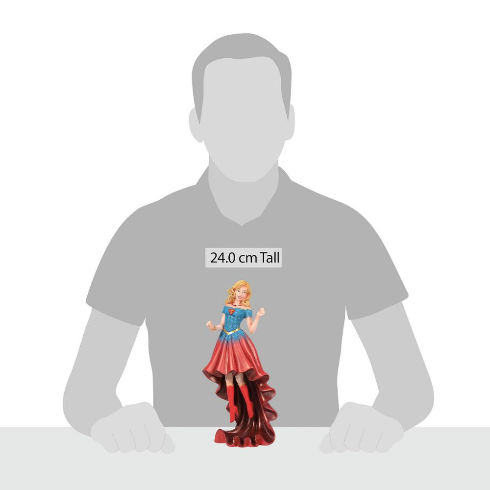 DC Comics Supergirl Couture de Force Figurine Fierce meets fabulous in this meticulously reimagined hand-crafted figure inspired by DC Comics most iconic heroines and villains. Shimmering with metallic paint accents on her flowing stylish skirt, Supergirl is midflight ready to conquer the world.