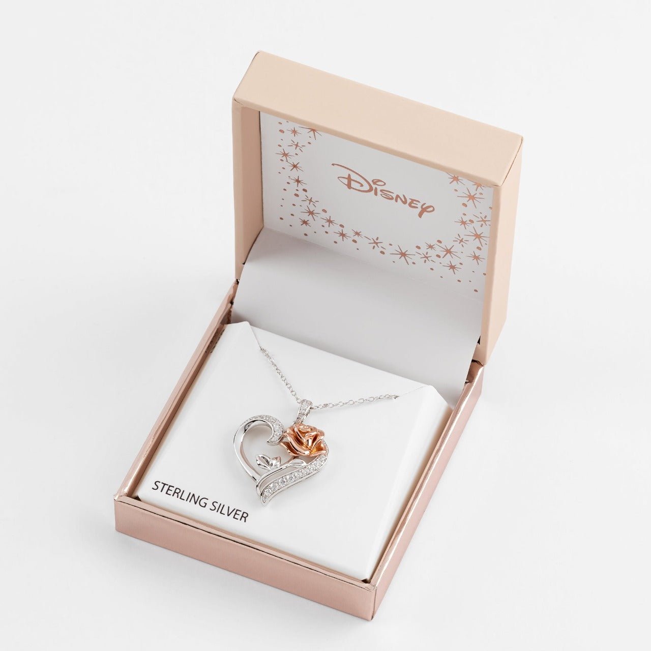 Disney Princess Silver and Rose Gold Heart with Cubic Zirconia Pendant Disney Beauty and the Beast Princess Collection, this beautiful silver and rose gold rose heart pendant necklace adding a feminine touch to the Disney classic piece of Jewellery. Trendy and fashionable design, the Disney Princess collection, sterling silver and rose gold heart pendant necklace add a chic, fun touch to any outfit.