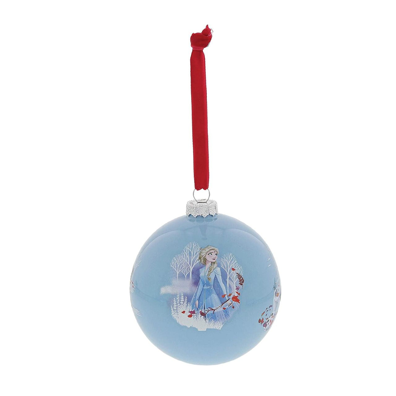 Disney Christmas Bauble Frozen Seek the Truth Elsa and Anna are joined by the lovable Olaf in their next adventure in this icy blue glass bauble. This Frozen treasured keepsake would make a lovely unique gift for a friend, or a self-purchase to brighten up the home. Presented in a branded window box.