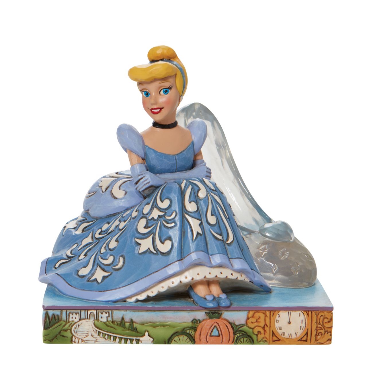 Jim Shore Disney Cinderella Glass Slipper Figurine This Disney Traditions line by Jim Shore features iconic Walt Disney princesses with their famous props highlighted. With a base illustrating her story, this piece features Cinderella in her brilliant blue gown with a glass slipper.