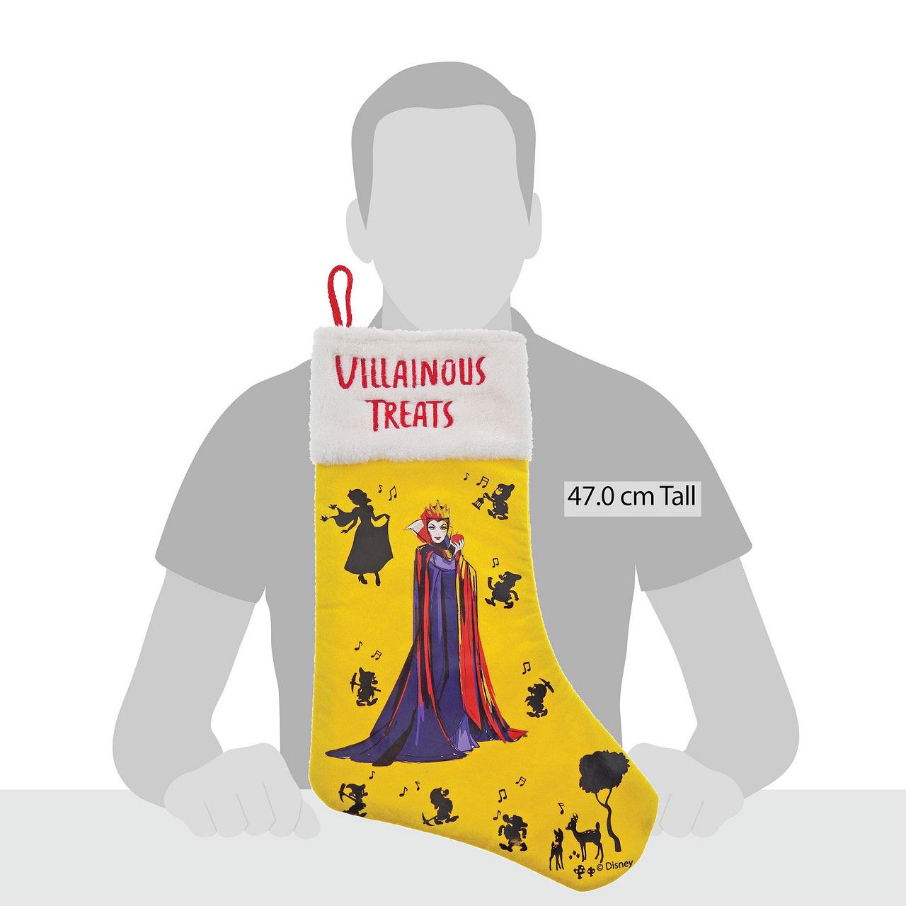 Disney Villainous Treats Evil Queen Christmas Stocking What villainous treats will you find hiding in this Evil Queen stocking? Presented with a giftable hangtag this wicked, Snow White and the Seven Dwarfs stocking creates a unique Christmas gift, which can be enjoyed year after year.