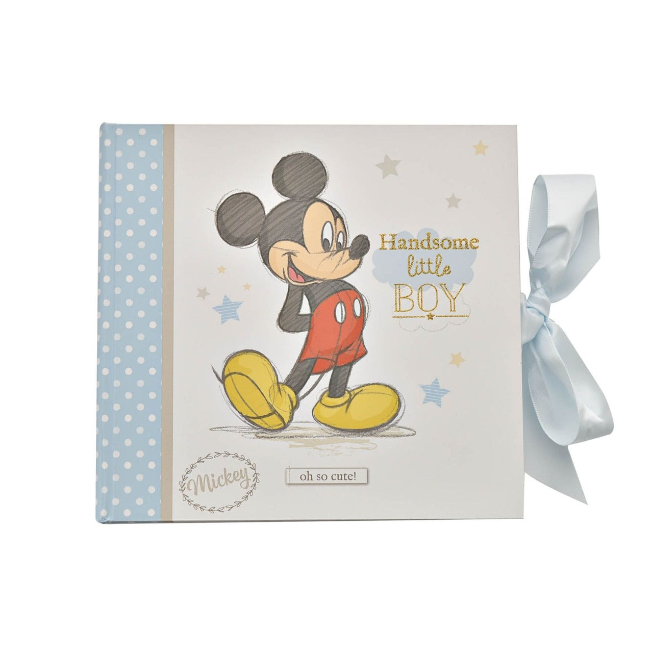 Disney Magical Beginnings Photo Album 4" x 6" Mickey Mouse Add a touch of magic to your every day with this Magical Beginnings Photo Album. As part of our range of classic Disney illustration giftware, this photo album displays a beautiful depiction of the classic Disney character, Mickey Mouse, 'Handsome Little Boy' gold glitter lettering, space for fifty 4" x 6" photos, personalisable title page and a blue bow closure.