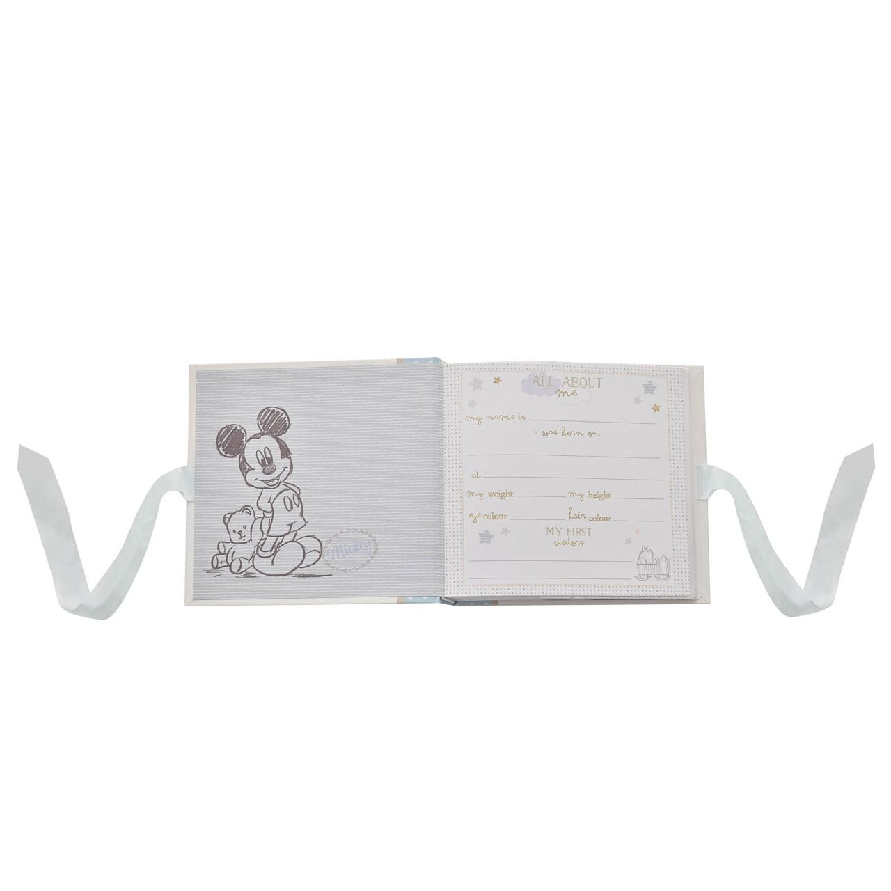 Disney Magical Beginnings Photo Album 4" x 6" Mickey Mouse Add a touch of magic to your every day with this Magical Beginnings Photo Album. As part of our range of classic Disney illustration giftware, this photo album displays a beautiful depiction of the classic Disney character, Mickey Mouse, 'Handsome Little Boy' gold glitter lettering, space for fifty 4" x 6" photos, personalisable title page and a blue bow closure.