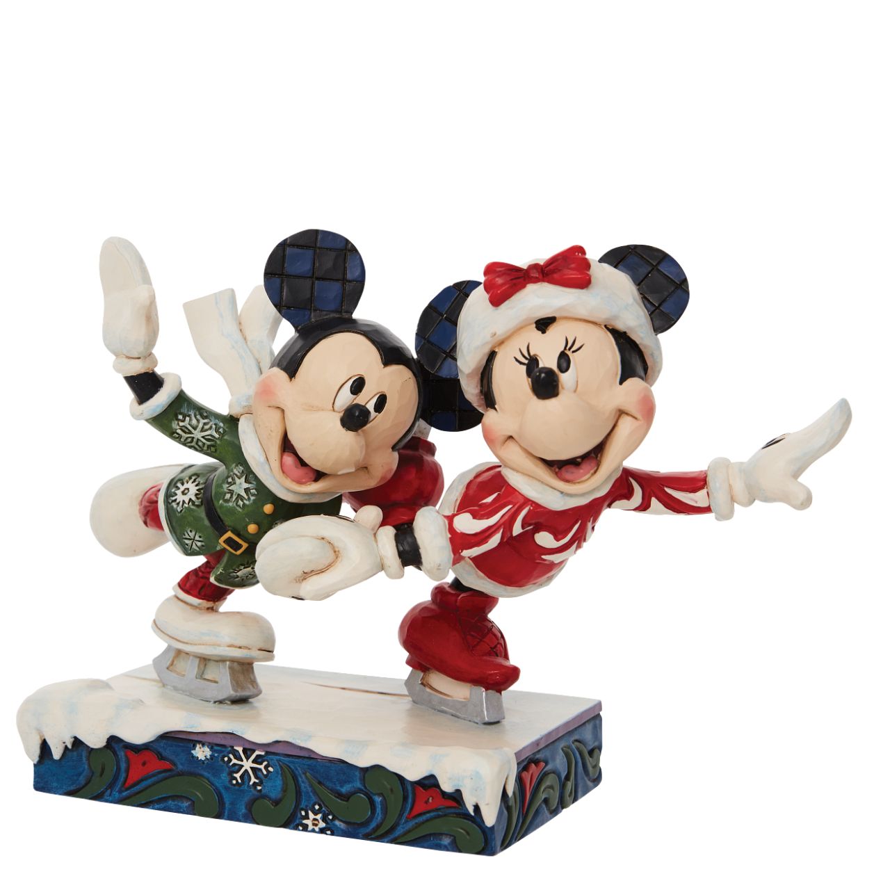 Jim Shore Mickey and Minnie Ice Skating Figurine Skating together, Mickey and Minnie Mouse warm the winter with their timeless love story. Hand in hand the pair enjoy each other's company in stunning snowflake tunics in this Jim Shore creation.