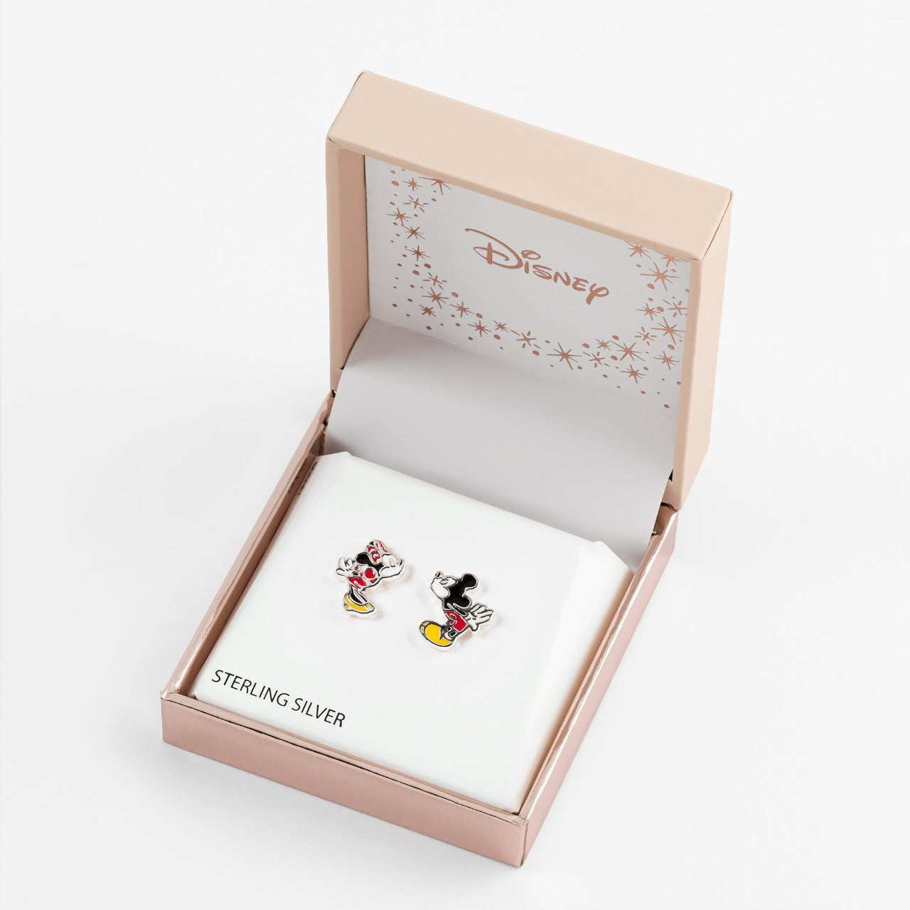 Peers Hardy Disney Mickey and Minnie Mouse Mismatched Stud Earrings This classic adorable pair has a unique mismatched quality of Mickey and Minnie Mouse Kissing, one in Mickeys shape one in Minnies shape leaning into a kiss and giving a playful twist to this classic accessory. Trendy and fashionable design, the Disney Mickey & Minnie Mouse kissing famous pose Sterling Silver Stud Earrings add a chic, fun touch to any outfit.