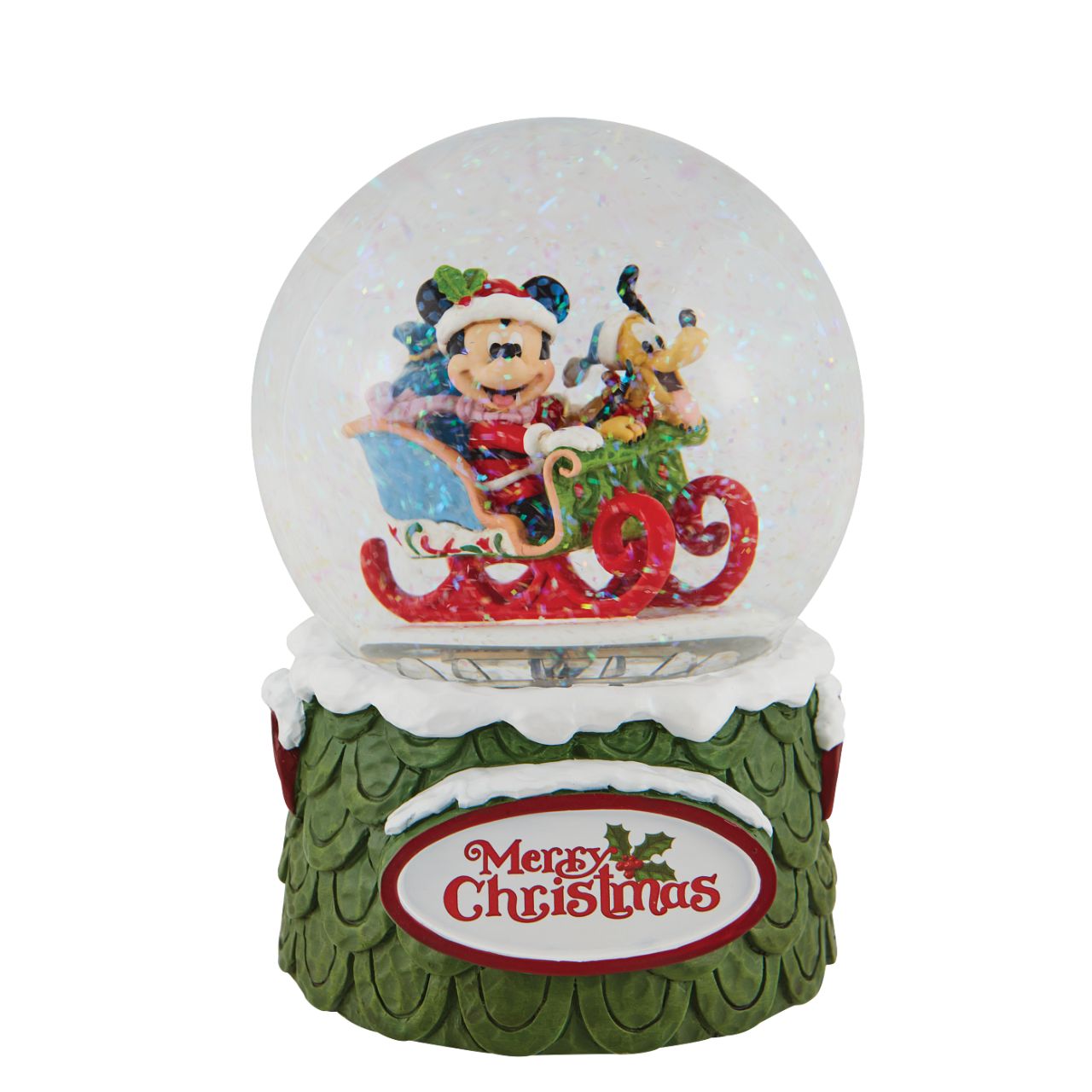 Disney Mickey and Pluto Christmas Waterball "Laughing All the Way" Make it snow all season long with this exquisitely crafted Disney snow globe by Jim Shore. Mickey plays Santa with his trusty steed, Pluto, riding shotgun.