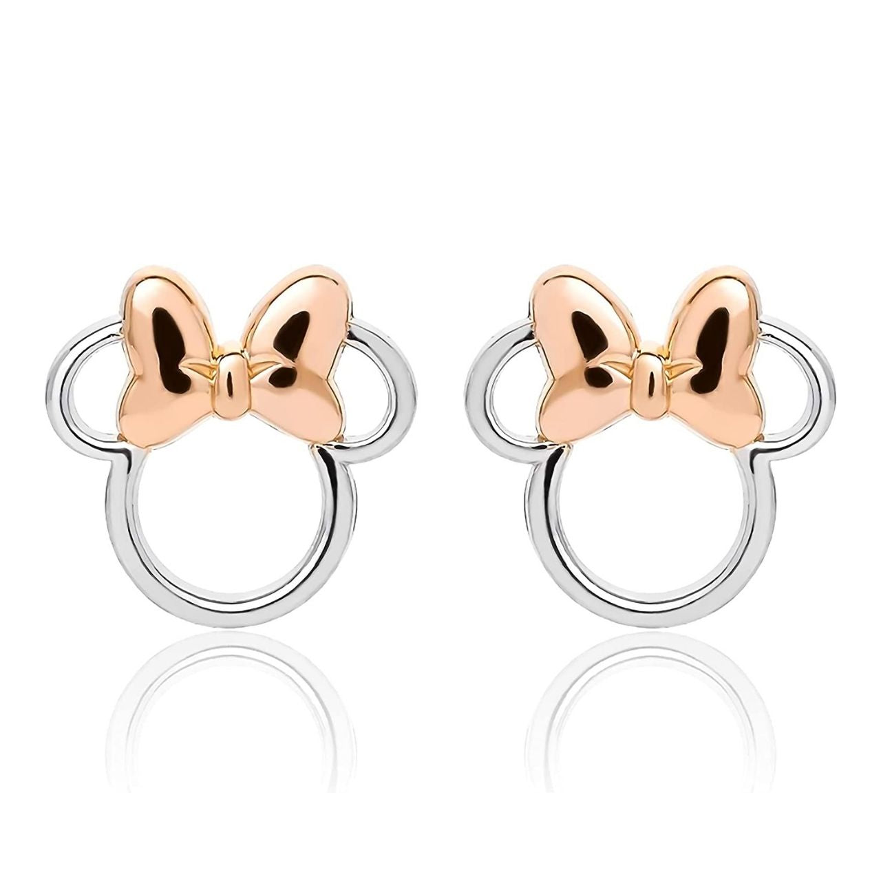 Peers Hardy Disney Minnie Mouse Head Sterling Silver Stud Earrings Stunning silver stud earrings form a silhouette of Minnie Mouse's Head and her classic bow plated in pink, adding a Feminine touch to the Classic piece of Jewellery Trendy and fashionable two tone design, the Disney Minnie Mouse Silhouette Sterling Silver Stud Earrings add a chic, fun touch to any outfit.