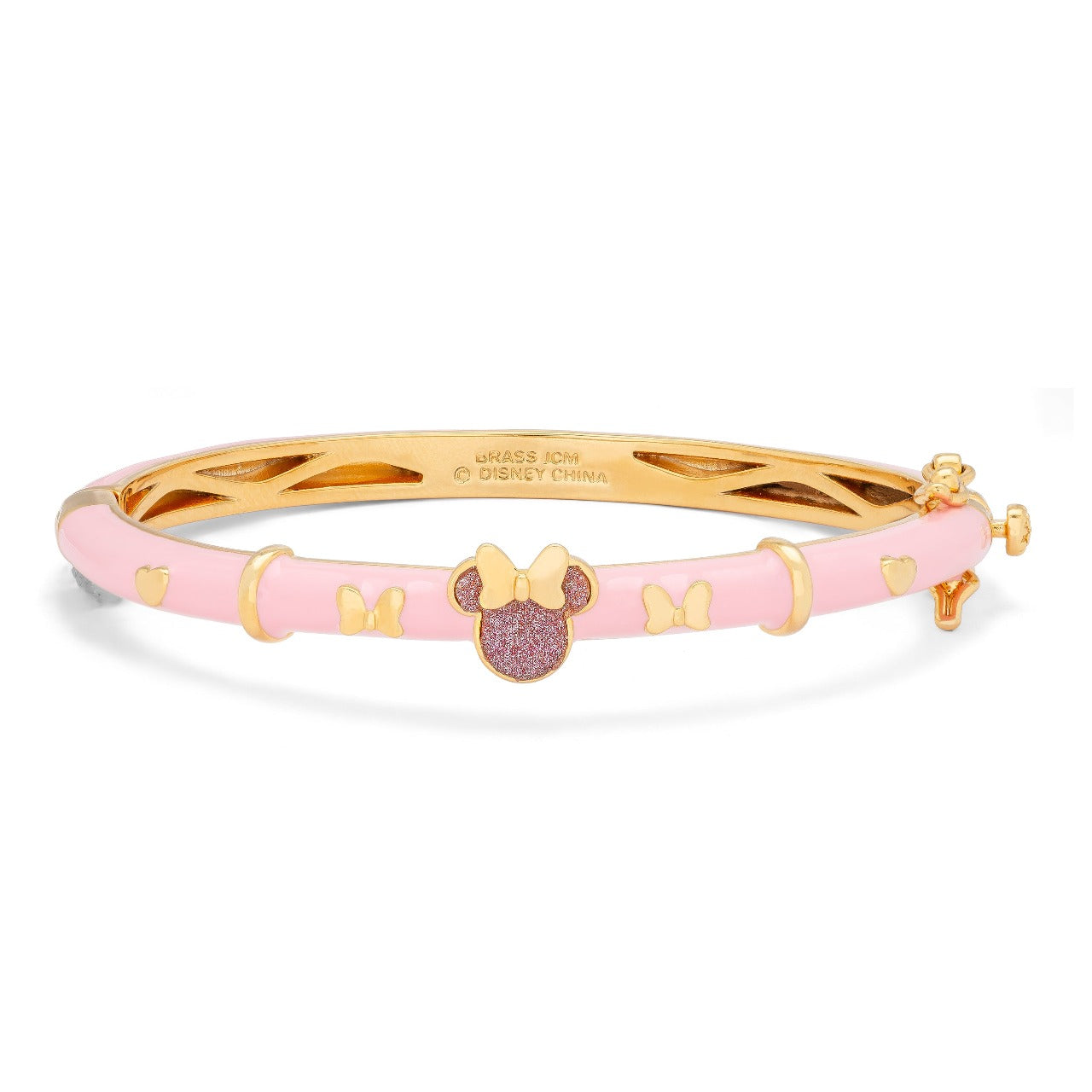 Disney Minnie Mouse Pink Glitter Bangle Bracelet with Yellow Gold Plating Stunning pink and gold plated bracelet form a silhouette Minnie Mouse's with Rose Gold bow adds a feminine touch to the Disney classic piece of Jewellery. Trendy and fashionable two tone design, the Disney Minnie Mouse Silhouette pink bracelet adds a chic, fun touch to any outfit.