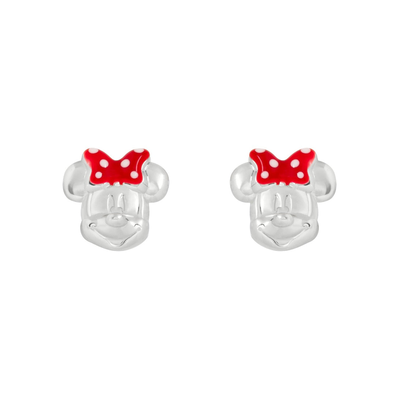 Disney Minnie Mouse Red Polka Dot Bow Sterling Silver Stud Earrings Stunning silver stud earrings form a silhouette of Minnie Mouse and her classic red polka dot bow, adding a feminine touch to this classic piece of Jewellery Trendy and fashionable design, the Disney Minnie Mouse her classic red polka stud earrings add a chic, fun touch to any outfit.