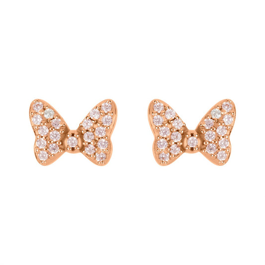 Disney Minnie Mouse Rose Gold Plated CZ Bow Earring  Peers Hardy Disney Minnie Mouse Rose Gold Plated CZ Bow Earring  This classic adorable pair has a unique quality of Minnie Mouse Bow tie.  Trendy and fashionable design, the Disney Minnie Mouse famous Bow Tie Rose Gold Plated Stud Earrings will add a chic, fun touch to any outfit.
