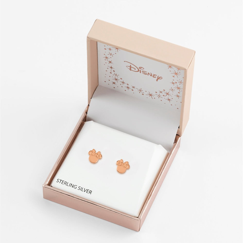 Disney Minnie Mouse Sterling Silver Rose Gold Silhouette Stud Earrings Peers Hardy Disney Minnie Mouse Rose Gold Stud Earrings This classic adorable pair has a unique quality of Minnie Mouse silhouette. Trendy and fashionable design, the Disney Minnie Mouse famous pose Rose Gold Stud Earrings will add a chic, fun touch to any outfit.