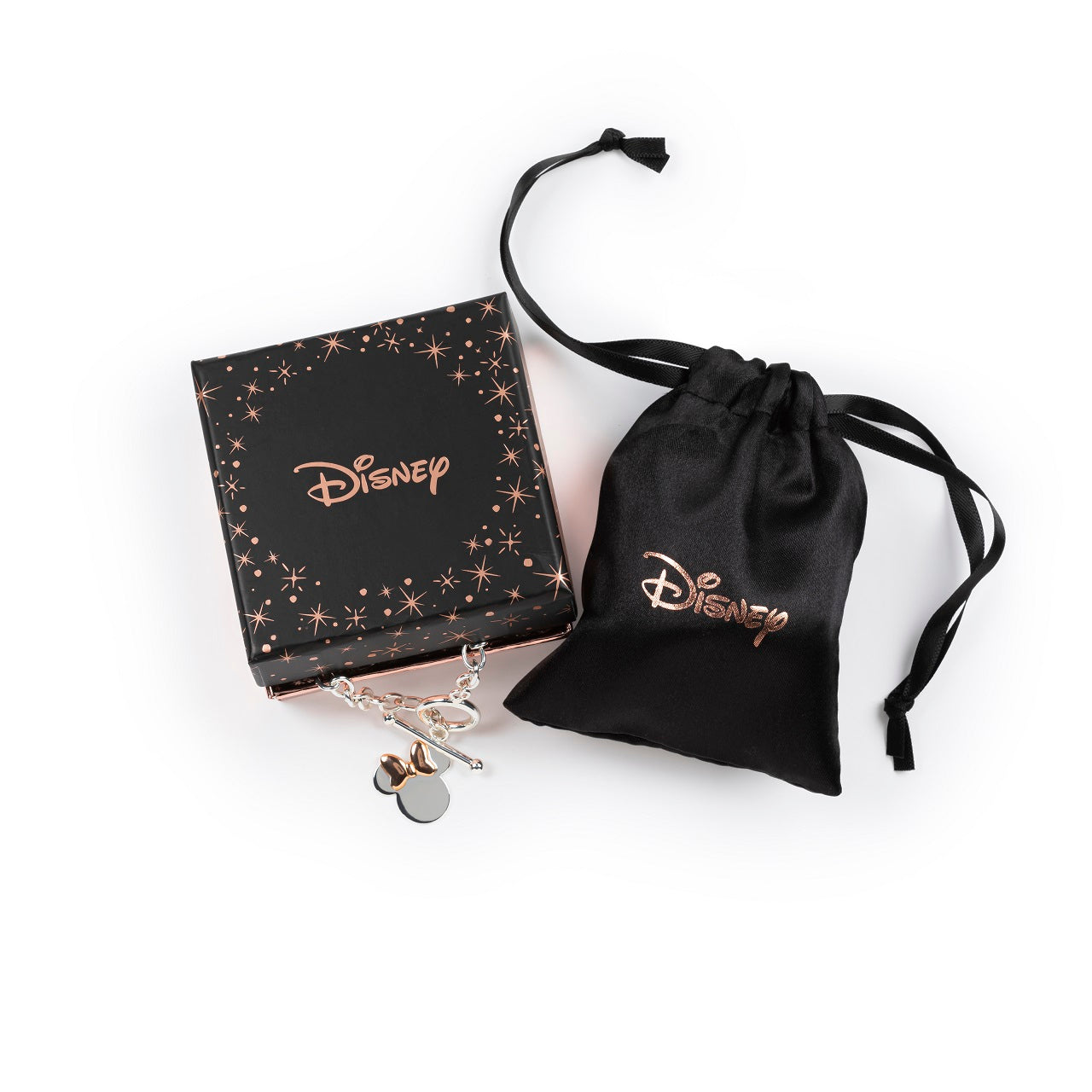 Peers Hardy Disney Minnie Mouse Silver Bracelet with Rose Gold Bow Stunning sterling silver bracelet feature the Disney Minnie Mouse famous silhouette and is complete with an on trend rose gold coloured bow. Trendy and fashionable two tone design, the Disney Minnie Mouse Silhouette sterling silver bracelet add a chic, fun touch to any outfit.
