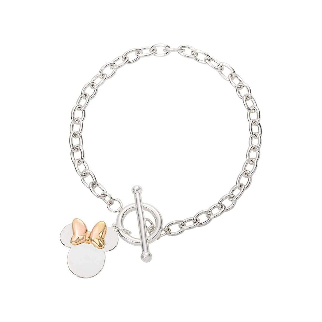 Peers Hardy Disney Minnie Mouse Silver Bracelet with Rose Gold Bow Stunning sterling silver bracelet feature the Disney Minnie Mouse famous silhouette and is complete with an on trend rose gold coloured bow. Trendy and fashionable two tone design, the Disney Minnie Mouse Silhouette sterling silver bracelet add a chic, fun touch to any outfit.